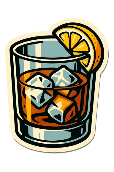 whiskey glass with ice and lemon wedge on the rim, retro stickers style, sharp black outlines, expressive shadows and highlights, no gradients, only sharp color transitions sticker