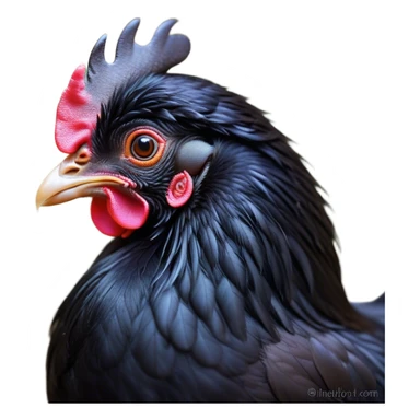 Cinematic Adorable Black Chicken Portrait Emoji, Perched elegantly with silky, deep black feathers, round and chubby with a curious tilt of the head, shimmering dark tones with subtle highlights, bright and inquisitive eyes, highly detailed, glowing with a soft, warm sheen, high shine, confident yet playful, stylized with a whimsical charm, bright and endearing, soft glowing outline, capturing the essence of a mysterious yet lovable farmyard friend, so lively it feels like it could peck at the ground in a moment of curiosity! sticker