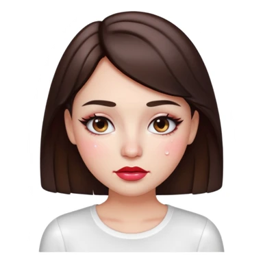 “Emoji brunette girl white top, dewy skin, heavy blush across cheeks and nose bridge, glossy cherry lips, soft eyeliner, teary sparkling eyes like hanni from new jeans sticker