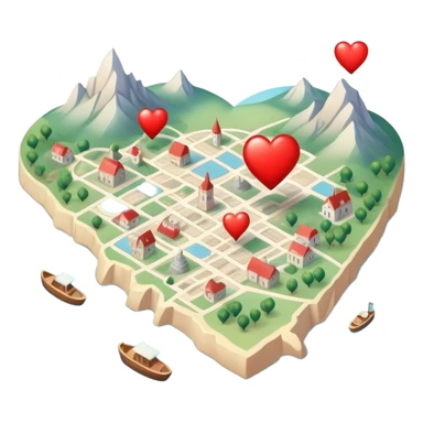 Detailed cartography map with soft ethereal coloring, containing red heart pins marking romantic locations and different symbols for other life experiences sticker