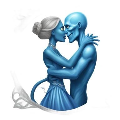 White man in blue dress  hugs and kissing Alien reptilian woman in silver dress  sticker
