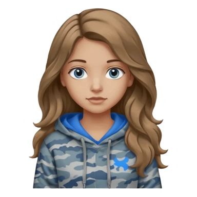 Girl with long wavy light brown hair, blue eyes , medium skin tone, wearing a gray camo hoodie  giving this 🤷🏼‍♀️ sticker