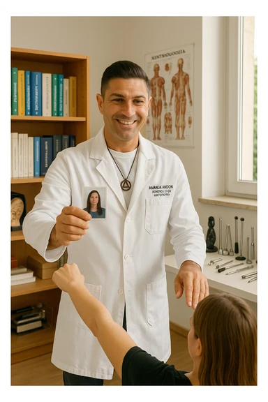 a middle-aged man, dressed in casual professional attire, is in a bright, organized therapy studio. Durante una visita di kinesiologia, il testimone tiene con una mano la foto di una persona lontana (il “testimone”) tiene la foto in mano, mentre con l’altra mano esegue un test muscolare su un cliente presente. Sullo sfondo si vedono libri di kinesiologia, poster anatomici e strumenti tipici della disciplina. L’atmosfera è concentrata e serena, con luce naturale che entra dalla finestra, sottolineando l’aspetto alternativo e umano della pratica. sticker