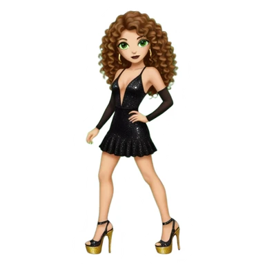 green eyes brown long curly hair woman, cartel boss with 7 inch platform stripper high heels black glitter dress, Los Angeles Spanish style black outfit sticker