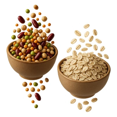 BOWL DI LEGUMI FLUTTUA IN ARIA INSIEME A BOWL DI FIOCCHI DI AVENA,  iperrealistico 4k sticker