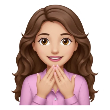 girl with wavy long brown hair, brown eyes, light to medium complexion, long lashes, light pink lipstick, wearing light pink shirt, smiling, hands covering over the eyes sticker