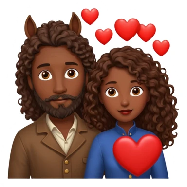 pareja de Mujer morena rizada cabello largo castaño ojos oscuros y hombre piel blanca con caballo oscuro con barba y ojos marron alrededor de la pareja corazones sticker