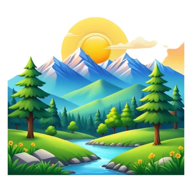 nature landscape with mountains, trees, and sun sticker