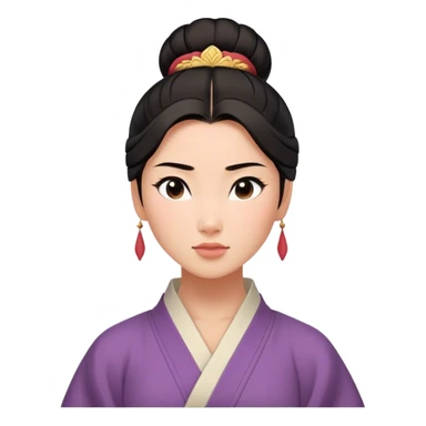 Cinematic Serene Mulan Portrait Emoji, rendered in a simplified vector style. Depict a gentle Mulan (chest and above) with warm, radiant skin, sleek dark hair pulled back in a neat bun, and a calm, thoughtful expression, wearing a simple traditional robe in muted hues. The design glows softly with an elegant, inviting light. sticker