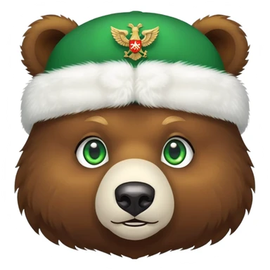 Cute brown bear face with bright green eyes wearing white fluffy ushanka hat with detailed Russian double-headed eagle emblem clearly visible in center, iOS emoji style sticker