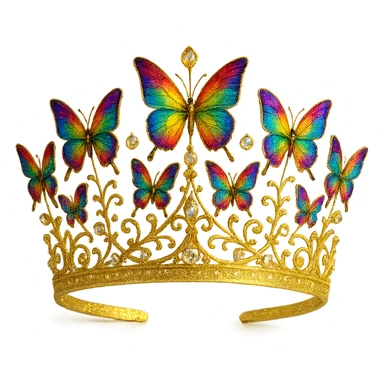 butterfly crown in shimmering gold with rainbow butterflies and crystal accents, radiant and regal sticker