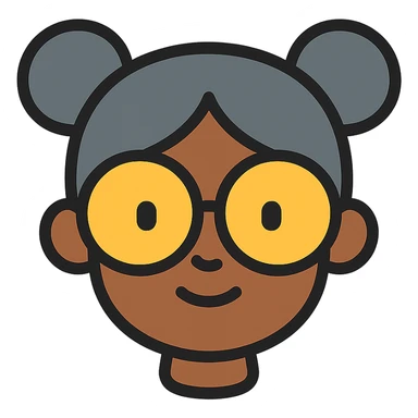 african american girl head with oversize glasses and gray hair in bunches, color outline icon sticker