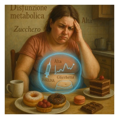 realistic surreal symbolism; woman late 30s, slightly overweight, sitting tired at kitchen table with sweets in front; frustrated expression; blue halo around abdomen (metabolic dysfunction); transparent icons: high insulin, high blood sugar (graph with upward arrows), fat on belly and hips; writings in Italian sticker