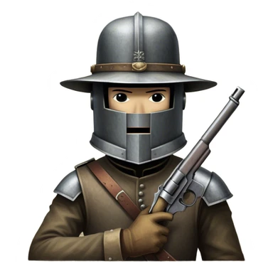 Cinematic Realistic Ned Kelly Portrait Emoji, depicted as the legendary Australian bushranger in his iconic homemade iron helmet and armor, gripping a revolver with a defiant stance. The scene is rendered with gritty textures and dramatic, shadowed lighting, evoking the lawless frontier and his rebellious, fearless legacy. sticker