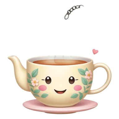 Cute Kawaii Tea Cup, steaming with warmth, a charming smiling face, soft pastel tones, delicate floral patterns, a tiny heart-shaped tea bag tag, cozy and inviting! sticker