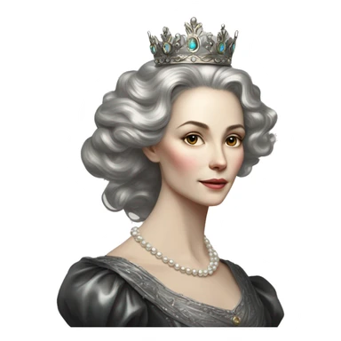 Regal pretty slender middle age woman photograph defined cheekbones high cheekbones crown vintage with very long iridescent black and silver hair wavy long hair pearl crown iridescent sticker