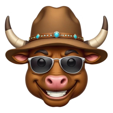 smiling bull head with prominent horns, dark sunglasses, and cowboy hat sticker
