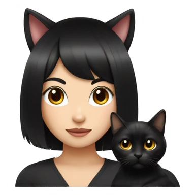 cat on asian girl long black hair with black cat sticker
