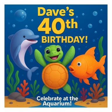 Make a birthday card for Dave's 40th birthday at the aquarium. Arrange the playful dolphin, smiling sea turtle, and colorful fish in a lively underwater scene with bubbles, seaweed, and coral. Add cheerful text: "Dave's 40th Birthday! Celebrate at the Aquarium!" Use a fun, vibrant style. Make it 3d emoji style. sticker