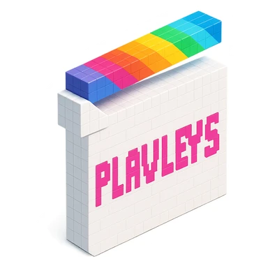 voxel style movie clapperboard, white body, rainbow striped lid, pink text 'PLAVLEYS', isometric view sticker
