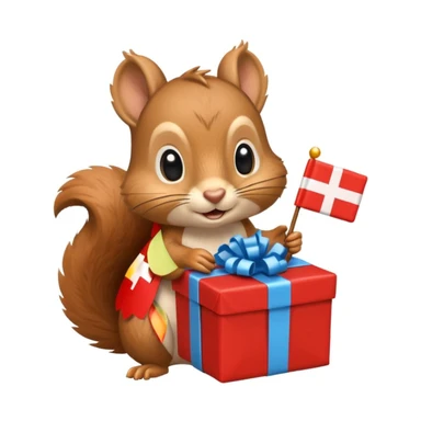 a squirrel holding a wrapped gift and a Swiss flag, both objects clearly visible, simple white background sticker