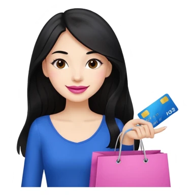 Girl with long black hair, pink lipstick, brown eyes holding shopping bags and blue credit card sticker