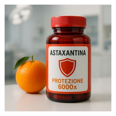 hyper realistic astaxanthin with shield symbol and orange, red bottle, text 'Protezione 6000x', clinical atmosphere, realistic details sticker