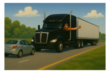 Zoom the scene out a lot farther, making the vehicles much smaller and showing a wide view of the road and landscape. Keep the black Kenworth W680 semi with chrome stack, angry bald driver in orange shirt and baseball cap, arm out the window, following a car. Scene should remain bright and vibrant. sticker