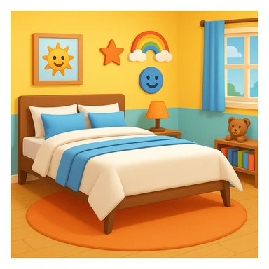 Add a colorful bedroom background with bright walls, playful decorations, and a cozy rug. Keep the room tidy and inviting in emoji style sticker