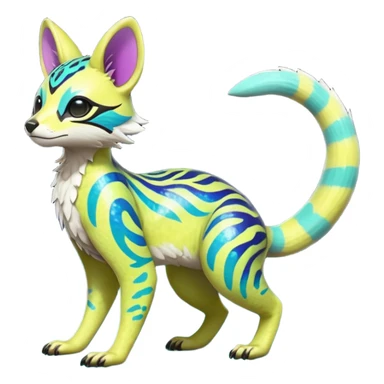 Rare realistic neon-colored iridescent shiny warm-colored lush tropical exotic cute epic pretty beautiful handsome gorgeous aesthetic colorful vibrant Vernid-Protogen-Primagen-Wickerbeast-Genet-Trico-species-Fakemon-hybrid-creature by LiLaiRa, beautiful intricate markings, full body sticker