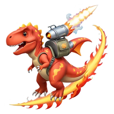 rocket-propelled dinosaur character, cute T-rex, rocket pack on its back, flames and smoke trail, dynamic flying pose, 3D cartoon, mobile game icon style, clean background, no text, no watermark
 sticker