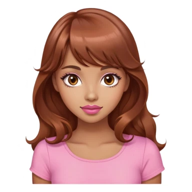cute woman, tan skin, big brown eyes, long wavy auburn hair, bangs, pink top, peachy pink lipstick sticker