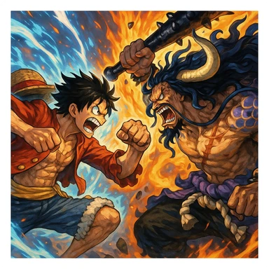 Luffy and Kaido facing off in an epic battle, dynamic action, vibrant colors, anime style sticker