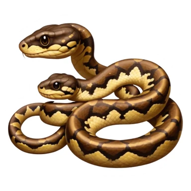 A photo-realistic digital illustration of a Ball Python, chest upward, with a short, rounded head, thick body, and a calm, curious expression. It has a warm brown base color with irregular dark blotches shaped like “alien heads,” and matte-textured scales that emphasize its small, stocky form. sticker