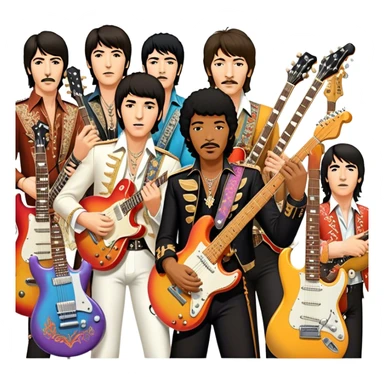 Rock music icon: collage of legendary rock stars—The Beatles, Jimi Hendrix, Elvis Presley, Queen, Nirvana, Led Zeppelin. Electric guitars, amplifiers, and microphones surrounded by vibrant stage lights and musical notes. Transparent background. sticker