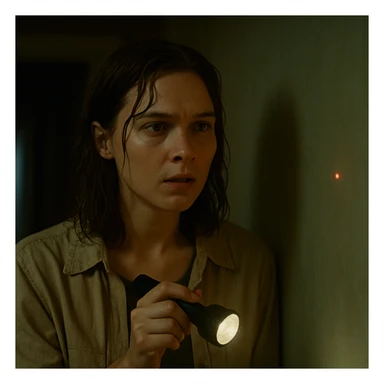 Cinematic still of a Woman looking for a dot sticker