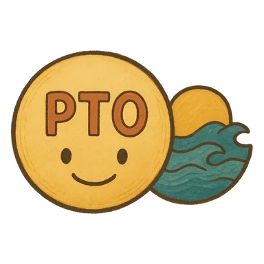 emoji with the text 'PTO' and a sun and waves ghibli style sticker