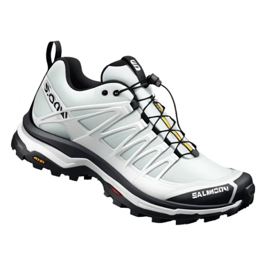 White Salomon XT-6 Gore-Tex sneakers as a pair with one shoe positioned behind the other, iOS emoji style, featuring trail running design with zigzag overlays and aggressive sole sticker