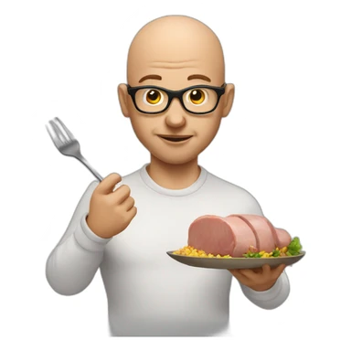 bald man with glasses eating a big pork sticker