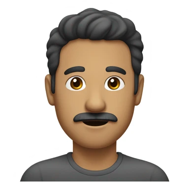 man with small black mustache points at 45° with a flat hand sticker