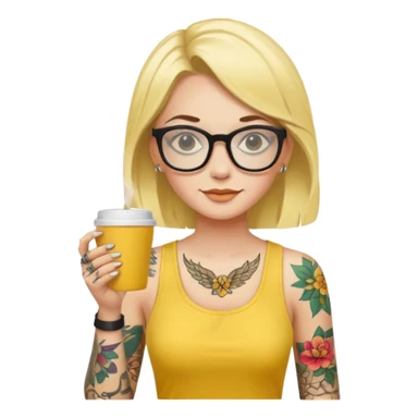 gözlük takan, dövmeli ve elinde kahve tutan, yaz kıyafetli bir kadın. kıyafeti sarı olsun sticker