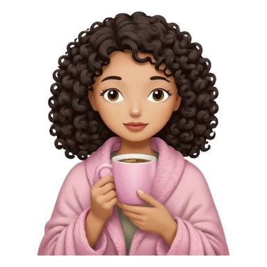 woman with medium tan sand tone, black mid length 3b curls, closed eyes, feminine face, holding soft pink coffee cup with beige blanket over shoulders sticker