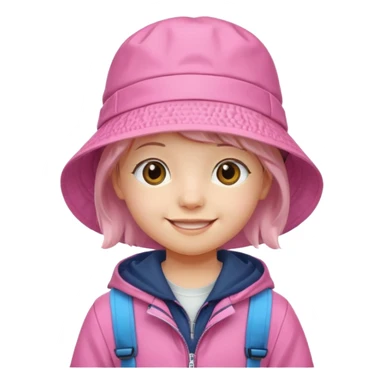 Little student wears pink bucket hat and jacket, backpack, happy sticker