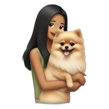 A cream-colored Pomeranian dog in the arms of a dark-haired girl sticker