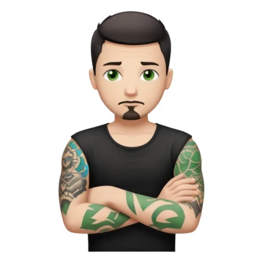 White young man with short black taper fade hair cut and slight goatee and neutral expression with his arms folded. Green eyes and arm tattoos sticker