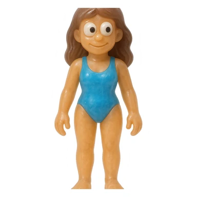 Make the beach girl smaller in frame so the entire character is fully visible from head to toe with no cropping at the top or bottom. Keep the full-body, retro 90's toy style, very transparent and slightly see-through, natural tan skin, brown hair, blue swimsuit, derpy eyes with large white eyeballs and small black pupils looking in different directions, soft plastic texture, soft reflections, soft and squishy, some cloudiness, not shiny, highly detailed, appealing, no tag, no background. sticker