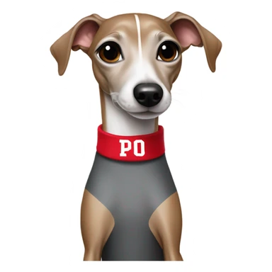 Italian greyhound wearing an Ohio state jersey sticker