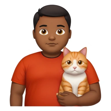 Indian black chubby guy with black middle parted hair in red t-shit with orange cat sticker