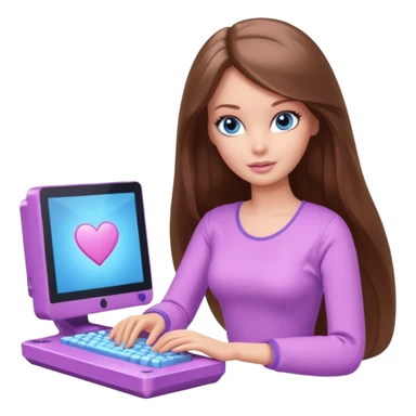 beautiful barbie girl with long brown hair, blue eyes and wearing light purple clothes playing computer games sticker