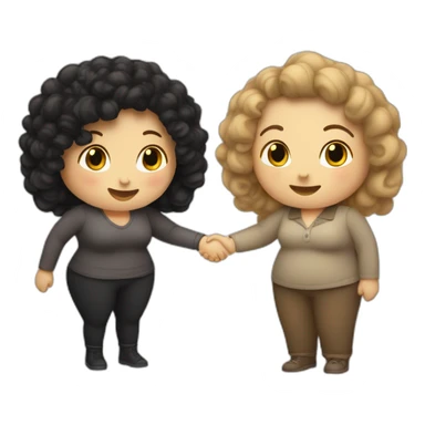 tan chubby woman with black curly hair shakes hands with a chubby pale woman who has straight light brown hair sticker